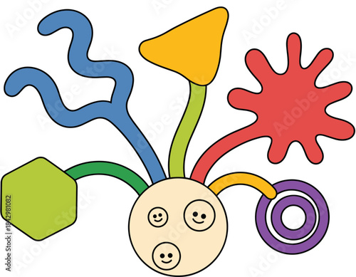 Whimsical cartoon creature with colorful geometric appendages and smiling faces abstract