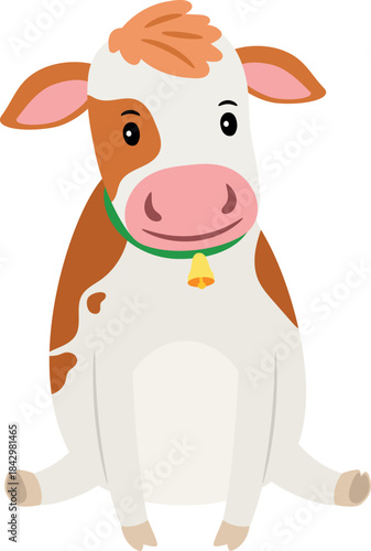 Cute cow baby with bell on neck. Cartoon happy animal