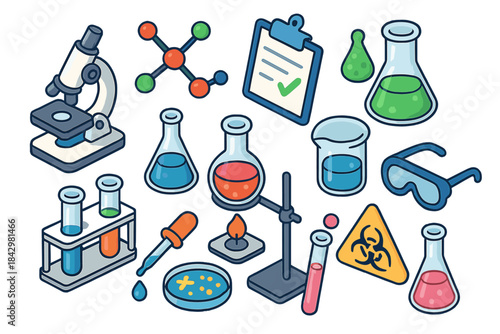 Science equipment flat icons set. featuring microscope, beaker, test tube, molecule, flask, bunsen burner