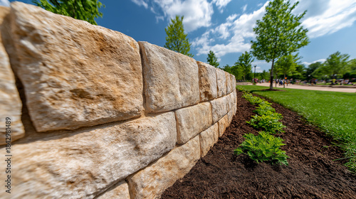 Curved stone retaining wall bordering a sunny park path and bright green lawn