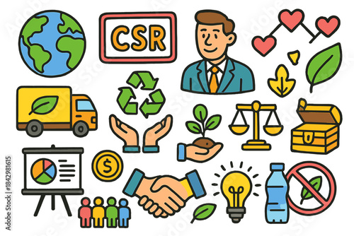 Sustainability flat icon set. featuring global, recycling, handshake, balance, and energy symbols