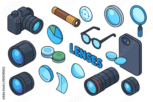 Optics and vision flat icon set. featuring camera, telescope, eyeglasses, contact lens, and magnifying glass symbols