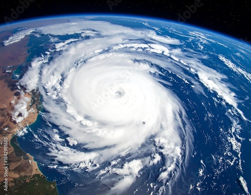 Dramatic aerial view of a powerful hurricane swirling over the Earth's surface