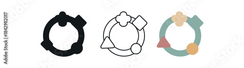 baby teether icons three circular teether with small shapes icons one flat solid monochrome one thin black outline black and white one full color flat icon soft silicone tones