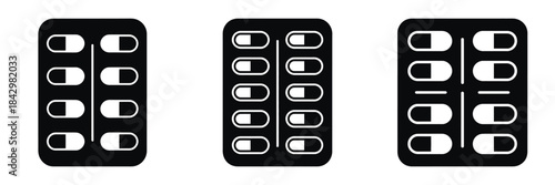 Pills Blister Pack Vector Icons Set – Medical Tablet and Capsule Packaging Silhouette Illustrations for Pharmacy, Healthcare, Medicine, Hospital, and Treatment Design