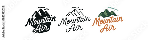 lettering icons three word icons with text mountain air one flat solid monochrome one thin black outline black and white one full color flat icon