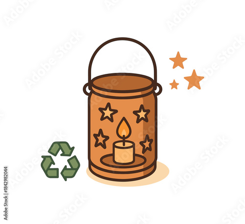 Flat vector illustration of upcycled tin lantern with cutout stars and candle inside soft rounded shapes clean outline recycling upcycling cozy eco style