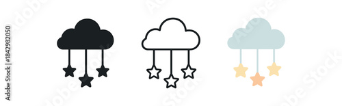 baby mobile cloud icons three cloud mobiles with hanging stars icons one flat solid monochrome one thin black outline black and white one full color flat icon pastel palette