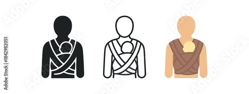 baby wrap carrier icons three baby carrier wrap silhouettes one flat solid monochrome one thin black outline black and white one full color flat icon soft fabric tones