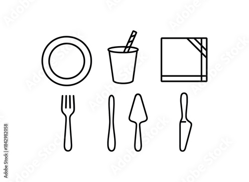 six party tableware plate cup striped straw napkin fork cake server bold black outlines minimal detail clean white background flat vector illustration no color
