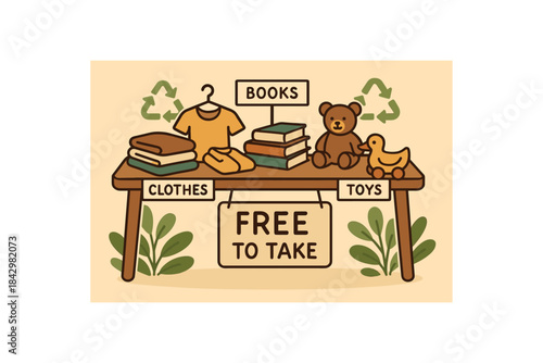 Flat vector illustration of community swap table with clothes books and toys labeled free to take soft rounded forms clean outline recycling upcycling cozy eco style