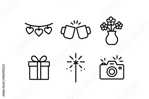 six family celebration icons heart garland clinking cups flower vase gift sparkler camera simple bold black outlines minimal detail clean white background flat vector illustration no color