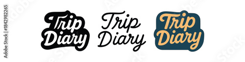 lettering icons three lettering designs with phrase trip diary one flat solid monochrome one thin black outline black and white one full color flat icon