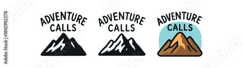 lettering icons three typography icons with phrase adventure calls one flat solid monochrome one thin black outline black and white one full color flat icon