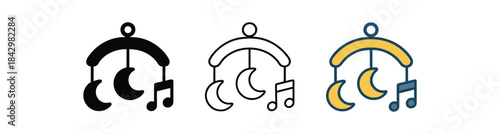 baby lullaby icons three mobile with moon and notes icons one flat solid monochrome one thin black outline black and white one full color flat icon and blue