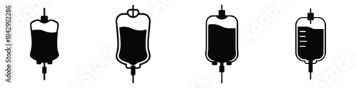 IV Drip Bag Vector Icons Set – Medical Infusion and Blood Transfusion Equipment Silhouette Illustrations for Hospital, Healthcare, and Emergency Treatment Design