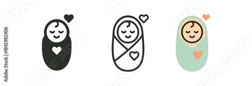 newborn arrival icons three wrapped newborn bundle with tiny heart icons one flat solid monochrome one thin black outline black and white one full color flat icon pastel mint or peach
