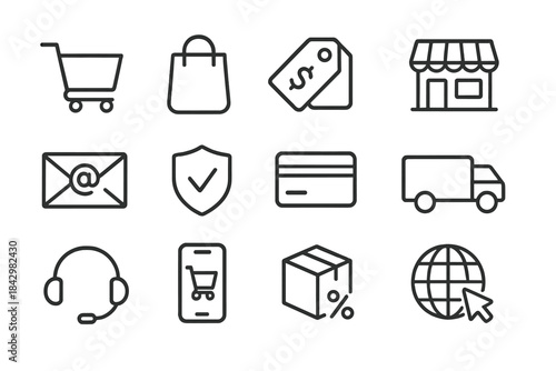 E-commerce linear icon set. featuring cart, bag, tag, store, email, shield, credit card, truck, headset, smartphone, package, globe
