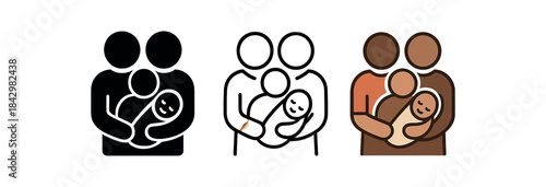new parents icons three adult silhouettes holding tiny baby bundle icons one flat solid monochrome one thin black outline black and white one full color flat icon warm skin tones