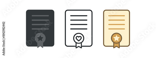 birth certificate icons three certificate sheet with small or heart seal icons one flat solid monochrome one thin black outline black and white one full color flat icon cream and gold
