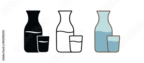 Flat vector illustration water carafe sets carafe and glass bottle and tumbler and simple glass soft rounded silhouettes clean outline one black and white flat version one outline version