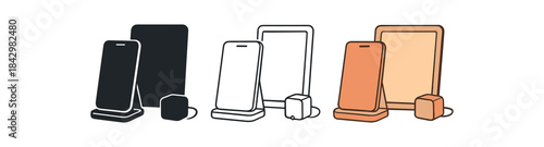 Flat vector illustration bedside gadget sets phone on stand tablet and small charger soft rounded silhouettes clean outline one black and white flat version one outline version one color