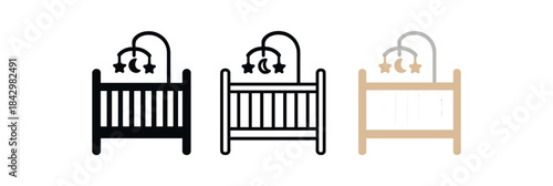 newborn crib icons three simple crib with mobile icons one flat solid monochrome one thin black outline black and white one full color flat icon light wood and white
