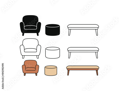 Flat vector illustration cozy bedroom chairs armchair pouf and small bench at bed soft rounded silhouettes clean outline one black and white flat version one outline version one color