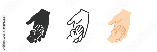 baby hand parent hand icons three tiny hand holding adult finger icons one flat solid monochrome one thin black outline black and white one full color flat icon soft peach and beige