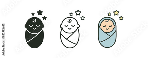 sleepy newborn icons three bundled baby with tiny sleeping face and stars icons one flat solid monochrome one thin black outline black and white one full color flat icon pastel blue or pink