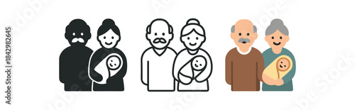 proud grandparents icons three older couple silhouettes with tiny baby bundle icons one flat solid monochrome one thin black outline black and white one full color flat icon soft family
