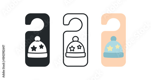 hospital room door hanger icons three door hanger with small baby hat and stars icons one flat solid monochrome one thin black outline black and white one full color flat icon pastel palette