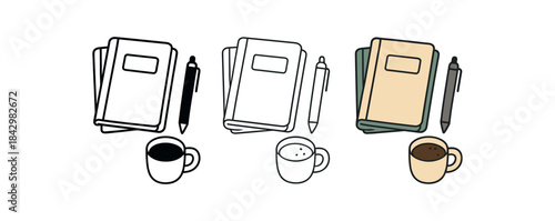 Flat vector illustration journals with pen and coffee cup simple workspace soft rounded forms clean outline one black and white flat version one outline version one color version digital