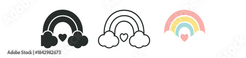 baby arrival rainbow icons three small rainbow with cloud and tiny heart icons one flat solid monochrome one thin black outline black and white one full color flat icon soft rainbow pastels