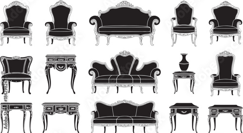 "Dining Table and Chairs Icons – Modern Furniture Set with Plants, Lamps, and Minimalist Design"