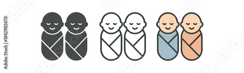 twin newborn icons three icon groups with two baby bundles side by side icons one flat solid monochrome one thin black outline black and white one full color flat icon coordinated pastel
