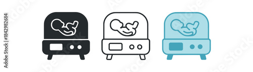 incubator icons three gentle incubator silhouette with small baby outline icons one flat solid monochrome one thin black outline black and white one full color flat icon light blue and white