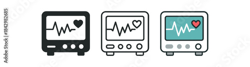fetal monitor icons three monitor screen with heart rate line and tiny heart icons one flat solid monochrome one thin black outline black and white one full color flat icon white and teal