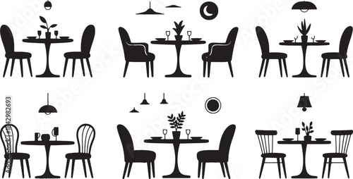 "Dining Table and Chairs Icons – Modern Furniture Set with Plants, Lamps, and Minimalist Design"