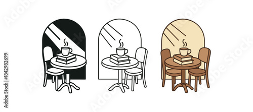 Flat vector illustration cozy cafe tables books cup of tea and sunlight soft rounded silhouettes clean outline one black and white flat version one outline version one color version digital