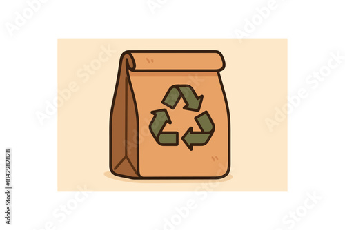 Flat vector illustration of paper bag lunch with recycle symbol soft rounded shapes clean outline recycling upcycling cozy eco style