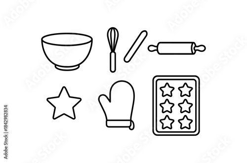 six family baking day items mixing bowl whisk rolling pin cookie cutter oven mitt tray with cookies bold black outlines minimal detail clean white background flat vector illustration no