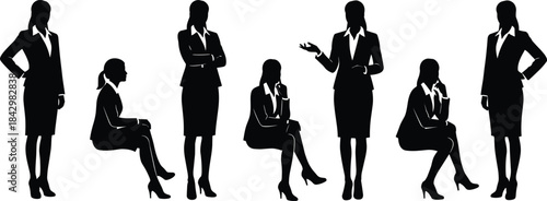 "Businesswoman silhouette poses, professional body language, standing and seated gestures, corporate character design, office attire illustration, confident female figure"