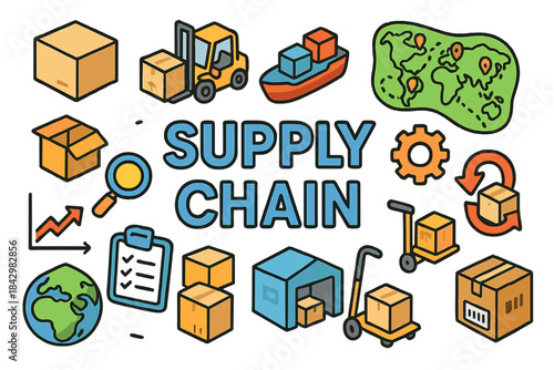 Supply chain flat icons set. featuring warehouse, truck, cargo ship, map, and logistics gear symbols