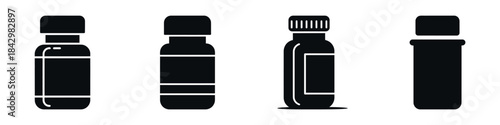 Medicine Bottle Vector Icons Set – Medical Pill Container Silhouette Illustrations for Pharmacy, Healthcare, Hospital, Drug Packaging, and Treatment Design