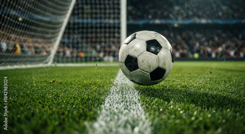 Soccer Ball Crossing the Goal Line into the Net. A decisive moment of scoring a goal in a football stadium.
