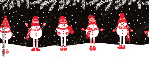 Cute Snowmen Have Fun in Winter Holidays. Seamless Border. Christmas Background. Different Snowmen in Red Winter Hats, Scarves under Fir Tree Branches. Greeting Card Template. Vector on Black