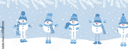 Happy Snowmen Have Fun in Winter Holidays. Seamless Border. Christmas Background. Different Snowmen in Blue Winter Hats, Scarves under Fir Tree Branches. Greeting Card Template. Vector on Light Blue