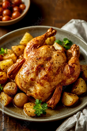 Oven-fried chicken with roasted potatoes