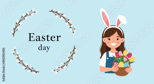 A cute illustration for easter day with a girl holding a basket of flowers.